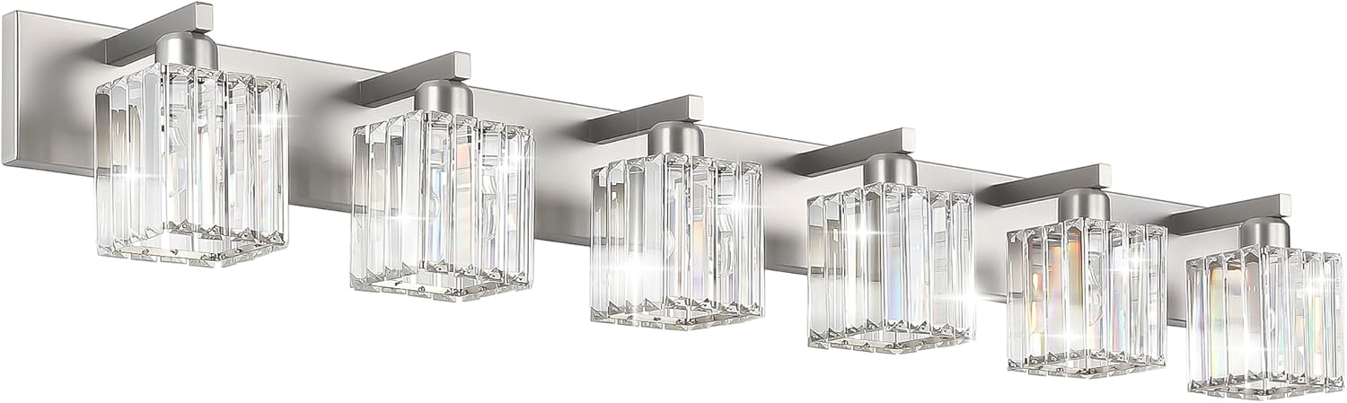 Aipsun Brushed Nickel Bathroom Light Fixtures 6 Light Vanity Lighting Fixture Crystal Modern Bathroom Vanity Light (Exclude Bulb)