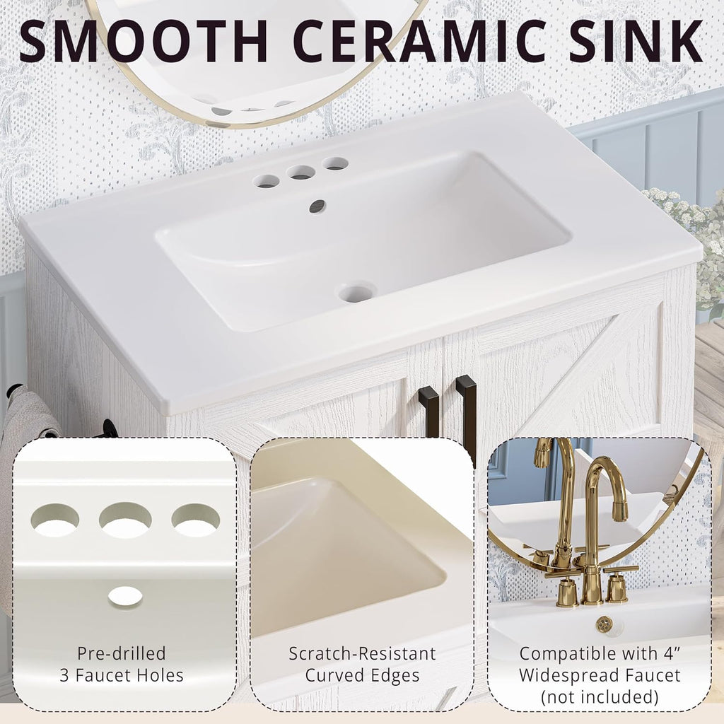 IRONCK Bathroom Vanity, 24" Bathroom Vanity with Sink, Farmhouse Wood Fixture Stand Pedestal Bathroom Cabinet with Drawer, Easy Assembly