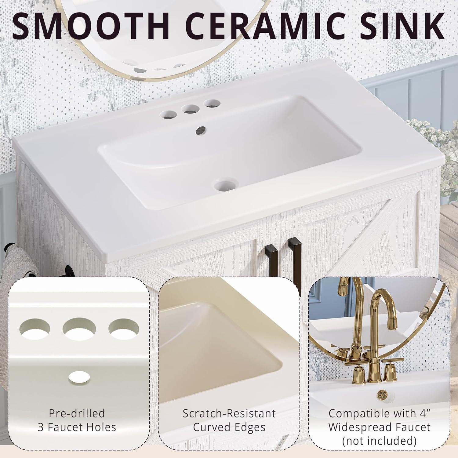 IRONCK Bathroom Vanity, 24" Bathroom Vanity with Sink, Farmhouse Wood Fixture Stand Pedestal Bathroom Cabinet with Drawer, Easy Assembly