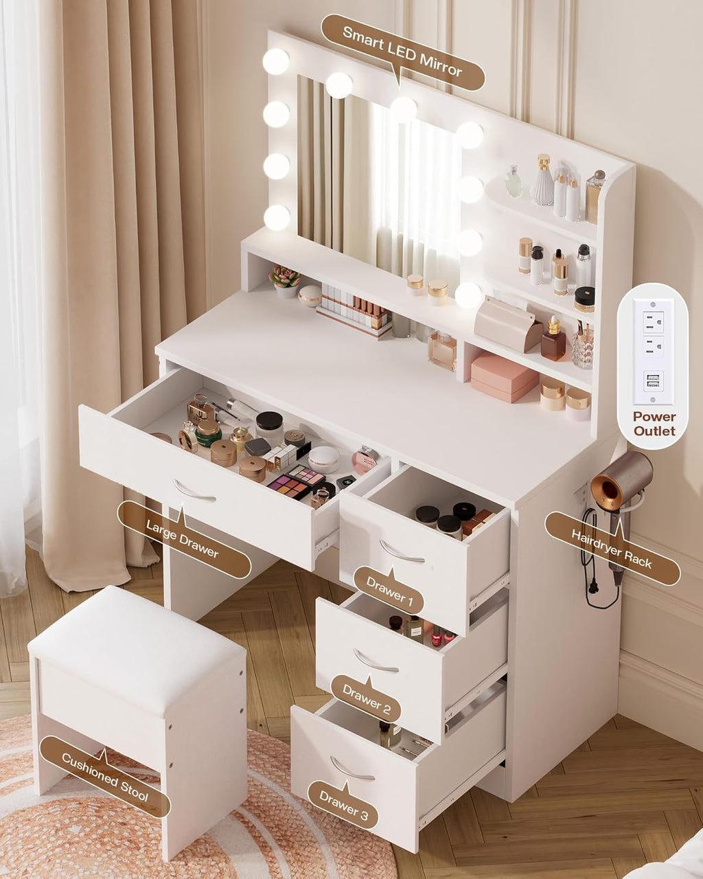 LIVELYGLOW White Makeup Vanity with HD Mirror & 10 LED Bulbs, 34.3" Dressing Table with Charging Station, 4 Drawers, Hairdryer Rack & Cushion Stool, Modern Bedroom Vanity Set