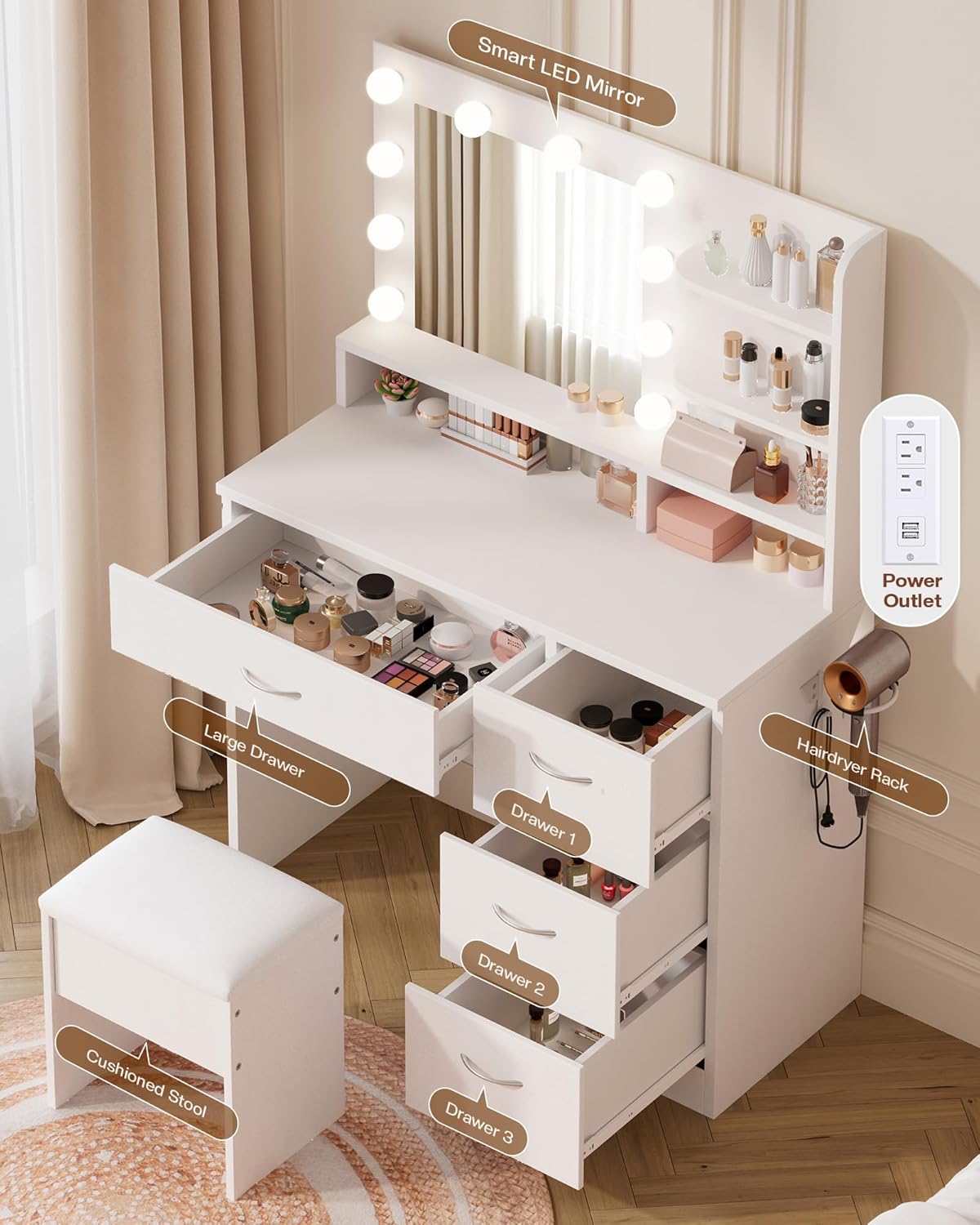 LIVELYGLOW White Makeup Vanity with HD Mirror & 10 LED Bulbs, 34.3" Dressing Table with Charging Station, 4 Drawers, Hairdryer Rack & Cushion Stool, Modern Bedroom Vanity Set