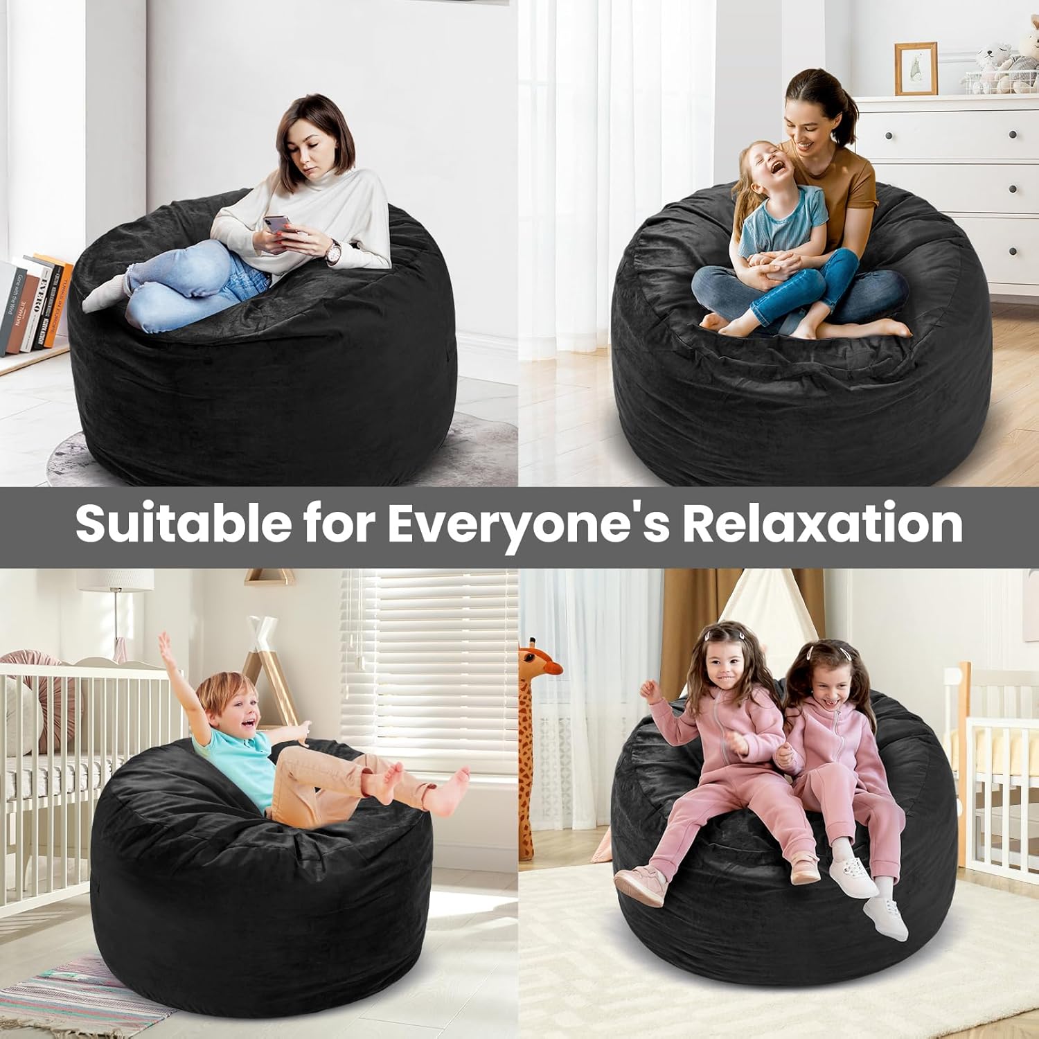 Memory Foam Bean Bag Chair, Oversized Sofa for Adults, Teens & Kids, Removable Velvet Cover, Ultra Comfortable for Gaming, Bedroom, Living Room, or Dorm(Black, 4ft w/Footstool)