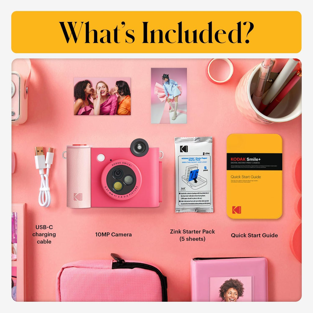 Kodak Smile+ 2-in-1 Digital Instant Print Camera & Wireless Bluetooth Photo Printer - 10MP, Special-Effect Rotating Lens, Zink 2x3” Sticky-Back Photos, Print via Fun App from Smart Devices - Fuchsia