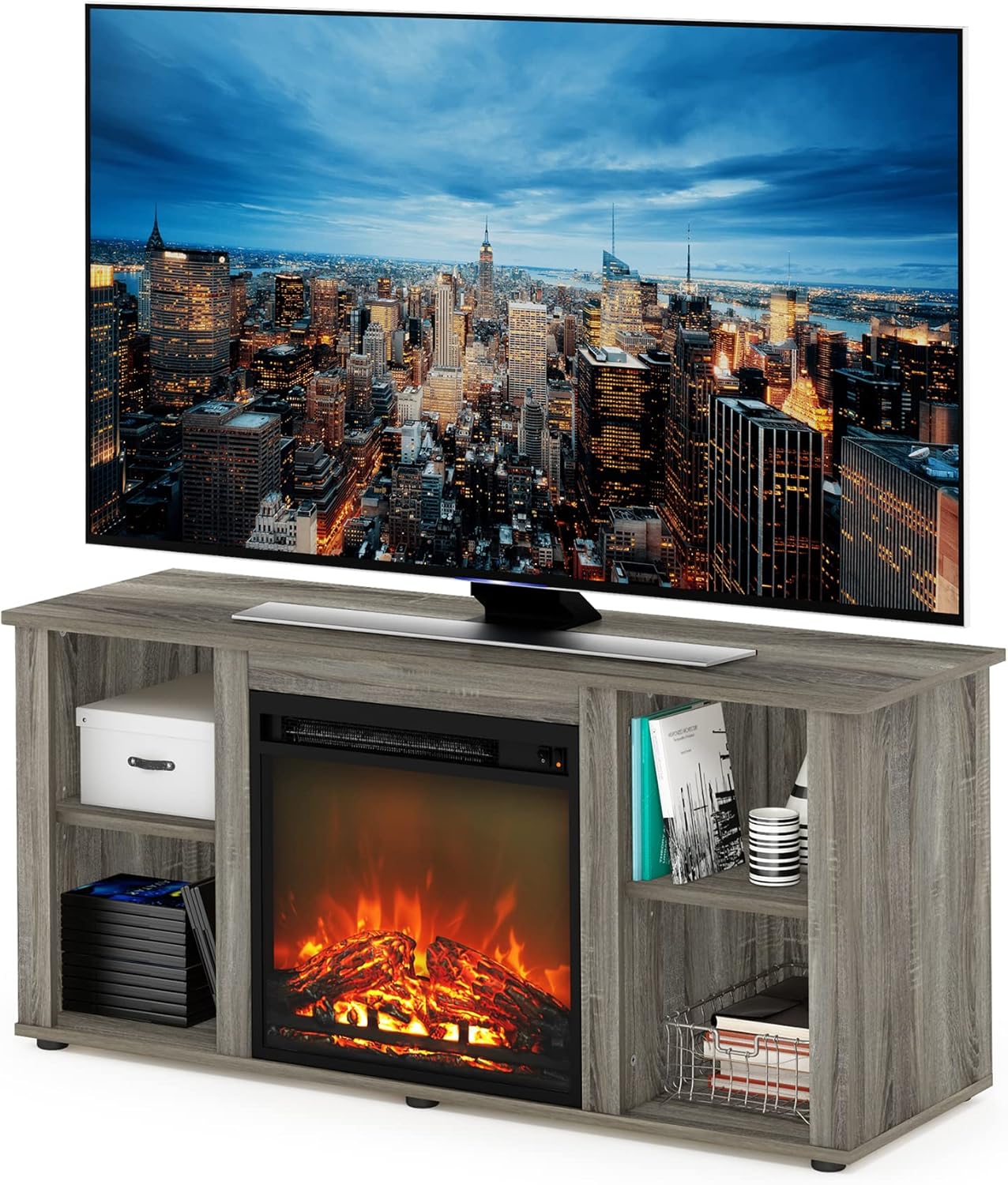 Furinno Jensen Fireplace Entertainment Center TV Stand with Open Storage for TV up to 55 Inch, French Oak Grey