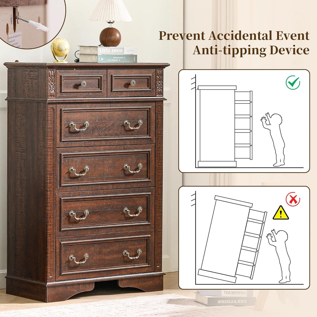Farmhouse Dresser and Nightstand Sets, 6-Drawer with 7 Drawer Dresser & 3 Drawer Nightstand Sets, 4 Pieces Rustic Wood Bedroom Furniture Set for Home, Bedroom, Hallway(Dark Brown)