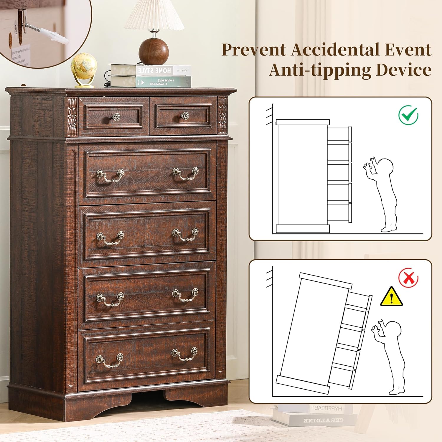 Farmhouse Dresser and Nightstand Sets, 6-Drawer with 7 Drawer Dresser & 3 Drawer Nightstand Sets, 4 Pieces Rustic Wood Bedroom Furniture Set for Home, Bedroom, Hallway(Dark Brown)