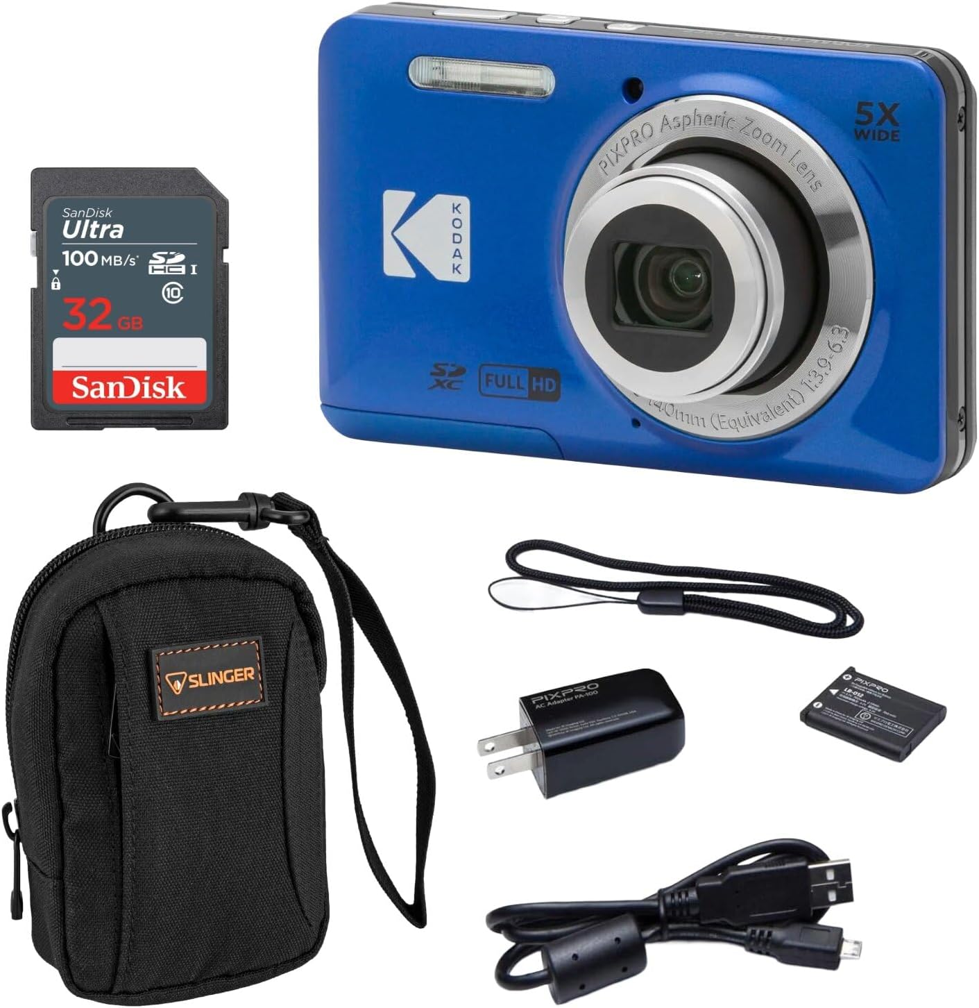 KODAK PIXPRO FZ55-BK 16MP Digital Camera 5X Optical Zoom 28mm Wide Angle 1080P Full HD Video 2.7" LCD Vlogging Camera. Bundle with SD Card and Slinger Camera Bag (Blue)