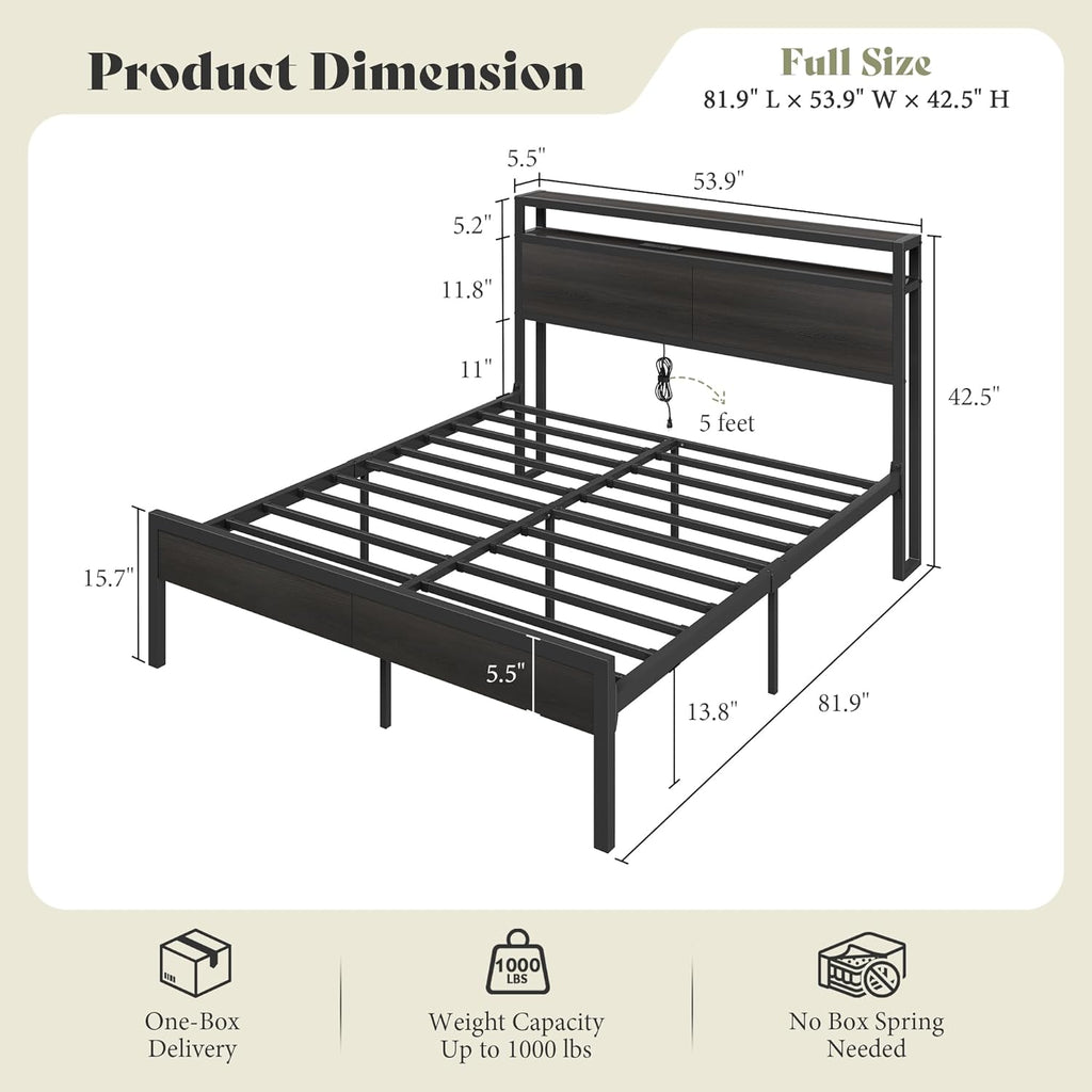 AMERLIFE Full Size Bed Frame with Storage Headboard & Charging Station, Industrial Metal Platform Bed with Large Under-Bed Storage, Heavy Duty Slats, No Box Spring Needed, Black