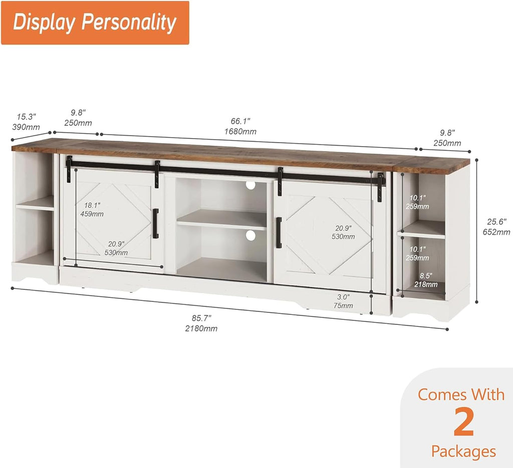 WAMPAT 3-in-1 Modern Farmhouse TV Stand for up to 95" TV, 25.6" H Wood Entertainment Center with Sliding Barn Door and Adjustable Media Storage Shelf for Living Room, Antique White