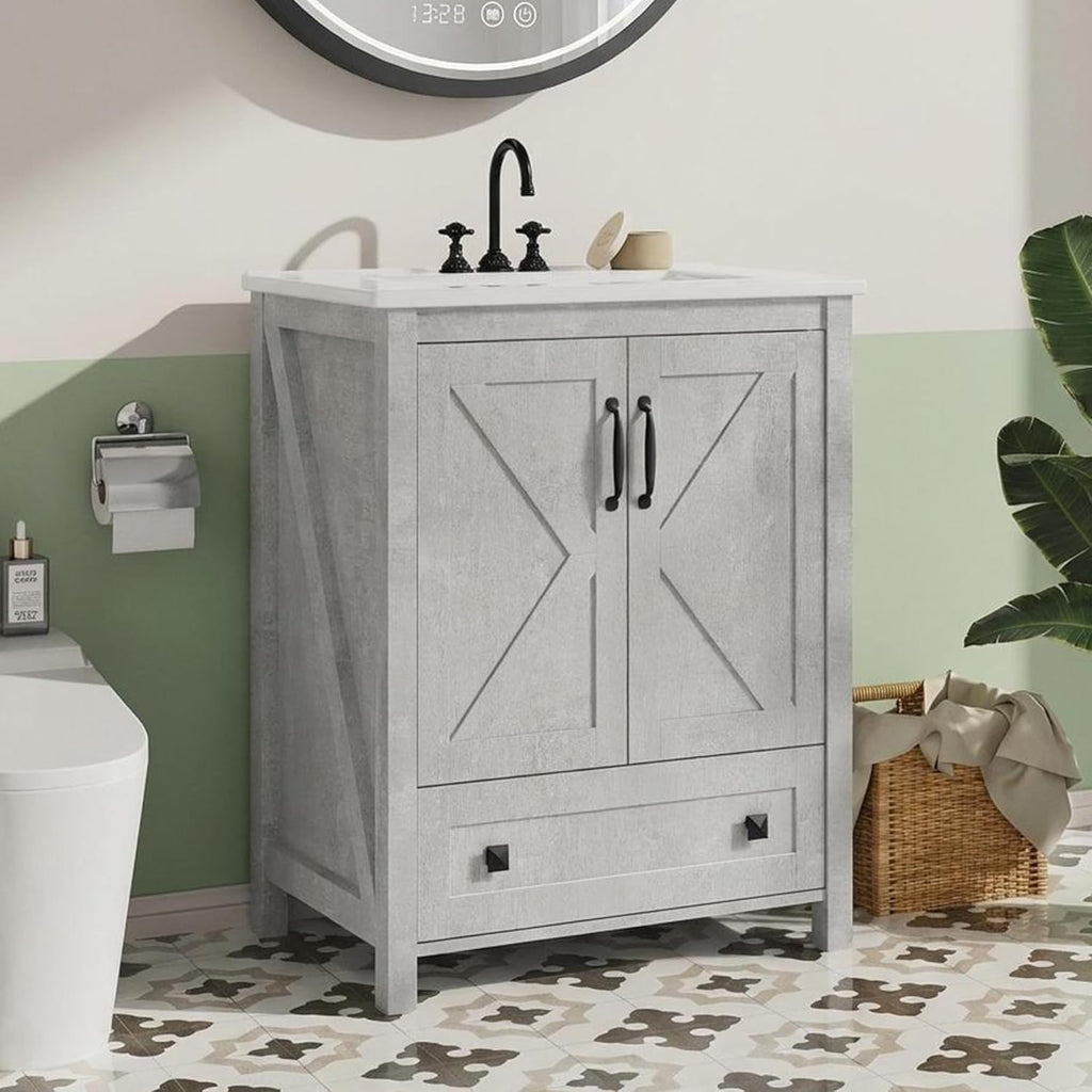 GarveeHome 30 inch Vanity with Ceramic Sink, Modern Bathroom Vanity with 2 Doors and 1 Storage Drawer, Freestanding Bathroom Cabinet with Contemporary Design for Your Bathrooms, Grey
