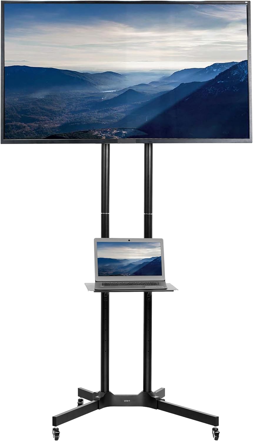 VIVO Tall TV Cart for 32 to 83 inch Screens up to 110 lbs, LCD LED OLED 4K Smart Flat and Curved Panels, Rolling Stand with Laptop DVD Shelf, Locking Wheels, Max VESA 600x400, Black, STAND-TV13E