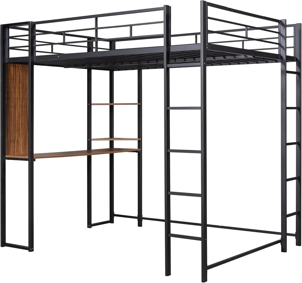 Bellemave Full Size Loft Bed with Desk and Storage Shelf and Ladder, Metal Full Size Loft BedFrame,Black