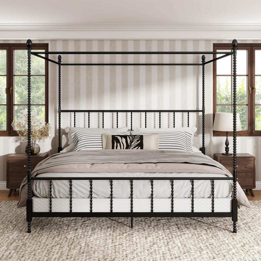 Furniture of America Vaeli Modern Metal King Size Four Poster Bed Frame with Spindles, Canopy Bedframe for Bedroom, Guest Room, Box Spring Required, Black