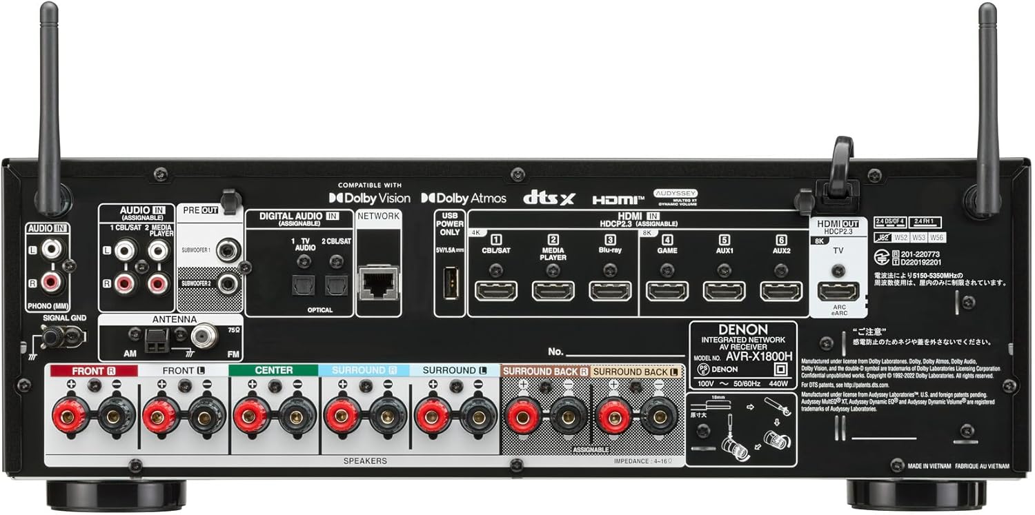 Denon AVR-X1800H 7.2 Channel AV Stereo Receiver - 80W/Channel, Wireless Streaming via Built-in HEOS, WiFi, & Bluetooth, Supports Dolby Vision, HDR10+, Dynamic HDR, & Home Automation Systems