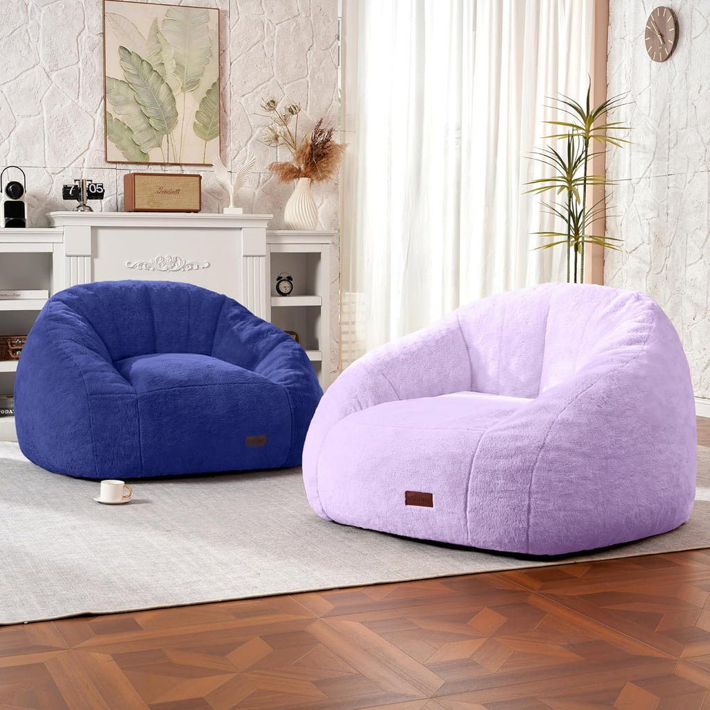 HABUTWAY Bean Bag Chair, Giant Bean Bag Chairs for Adults with Ottoman, Comfy Faux Fur Shell-Shaped Bean Bag Couch, Sofa Chair for Living Room, Bedroom, Purple