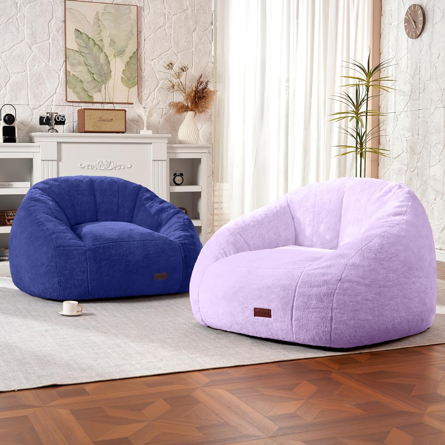 HABUTWAY Bean Bag Chair, Giant Bean Bag Chairs for Adults with Ottoman, Comfy Faux Fur Shell-Shaped Bean Bag Couch, Sofa Chair for Living Room, Bedroom, Purple