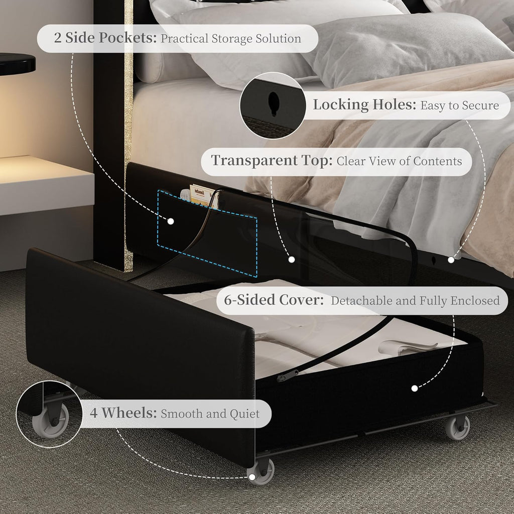 SIBEDS Queen Led Bed Frame with Galaxy Aurora Star Projector, Platform Beds with Charging Station, 52" Diamond Upholstered Wingback Bedframe with 2 Storage Drawers, No Box Spring Needed, PU Black
