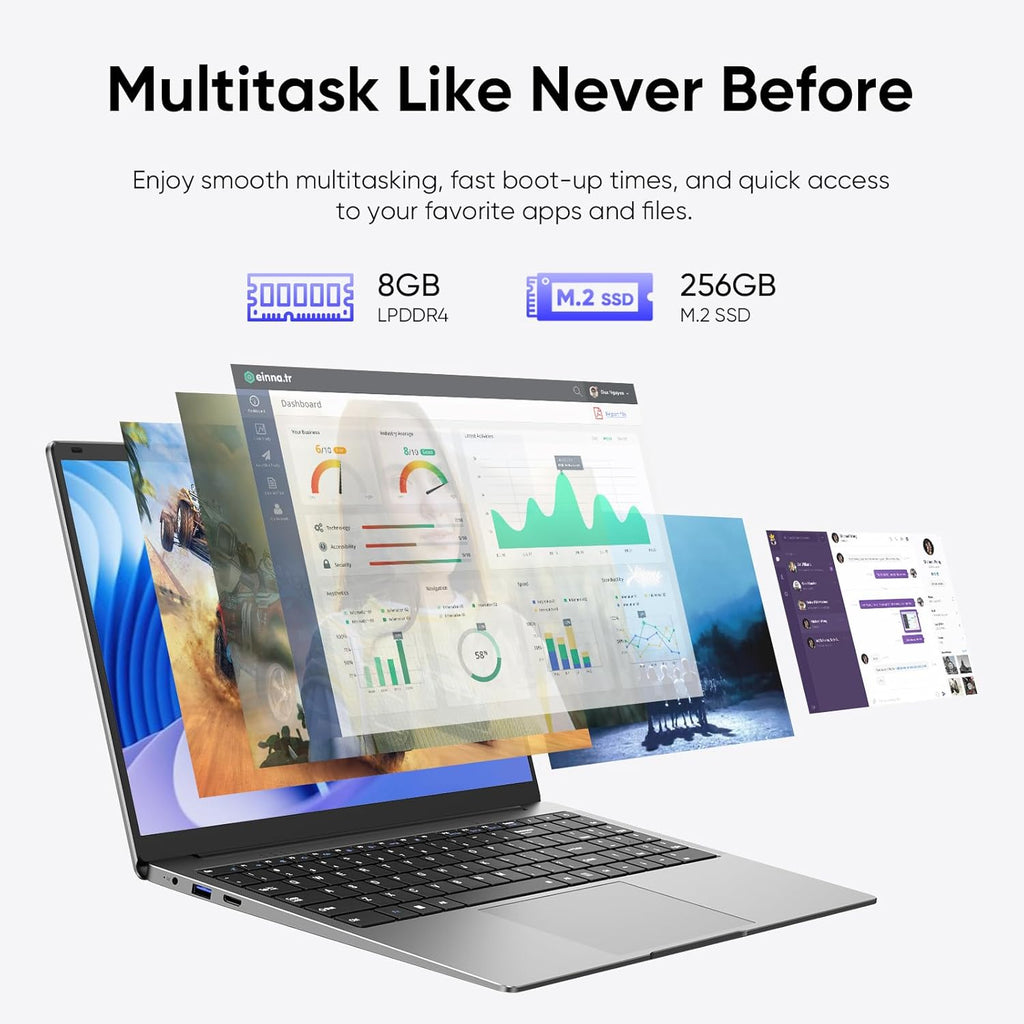 15.6" Laptop, 8GB RAM 256GB Storage, Celeron N4000 (up to 2.6GHz) 100% sRGB Screen, MS Office 2024, Win11 Pro Notebook Computer, Dual Band Wi-Fi, BT5.0, USB-A, Long Battery Life, Silver