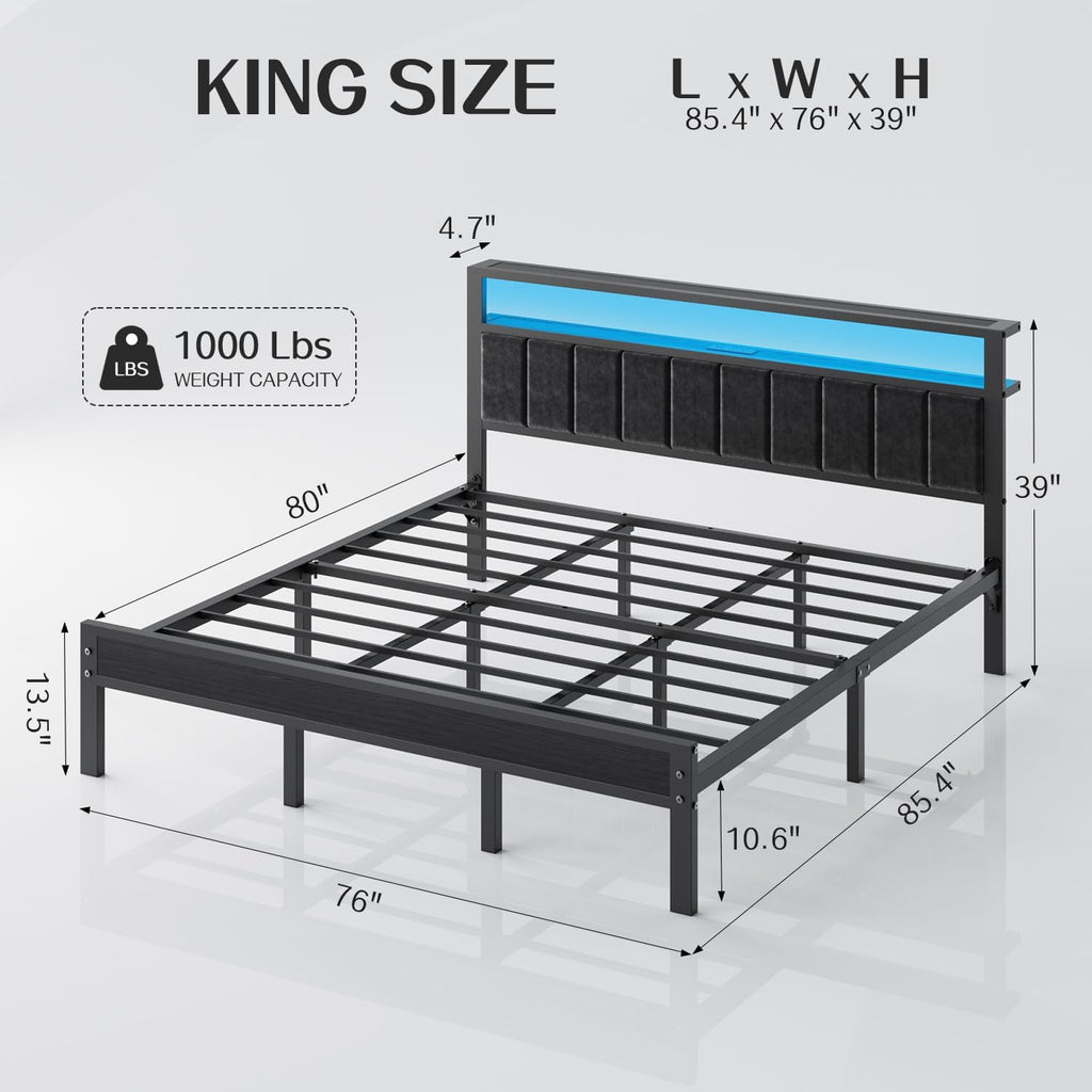 OLEVS King Bed Frame with Charging Station & LED Lights, Modern Platform Bed with Upholstered Storage Headboard, No Box Spring Needed Noise Free
