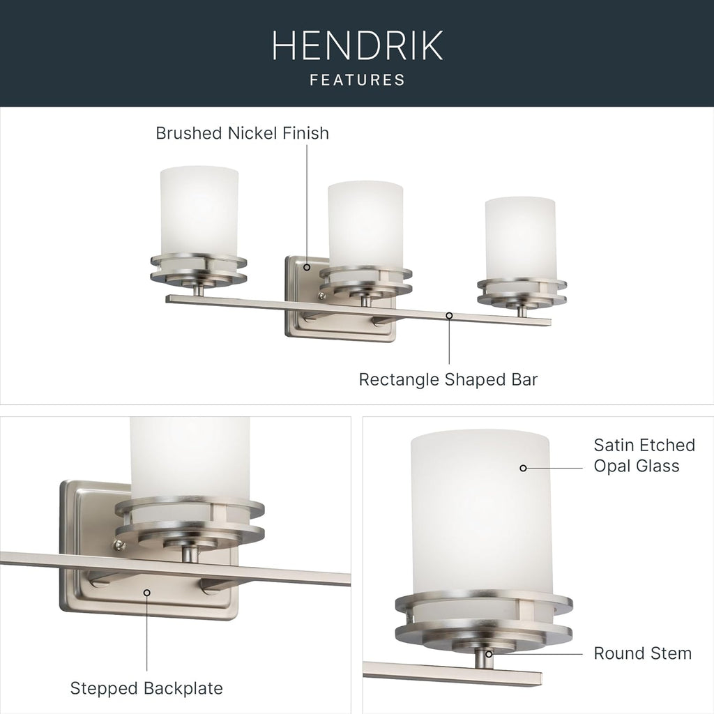 Kichler Hendrik 24" Vanity Light in Brushed Nickel, 3-Light Modern Bathroom Vanity with Satin Etched Cased Opal Glass, (24" W x 8" H), 5078NI