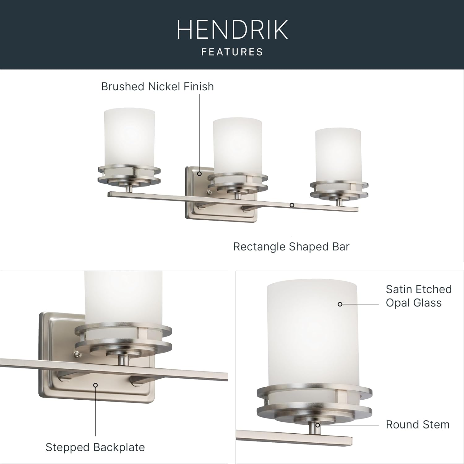 Kichler Hendrik 24" Vanity Light in Brushed Nickel, 3-Light Modern Bathroom Vanity with Satin Etched Cased Opal Glass, (24" W x 8" H), 5078NI