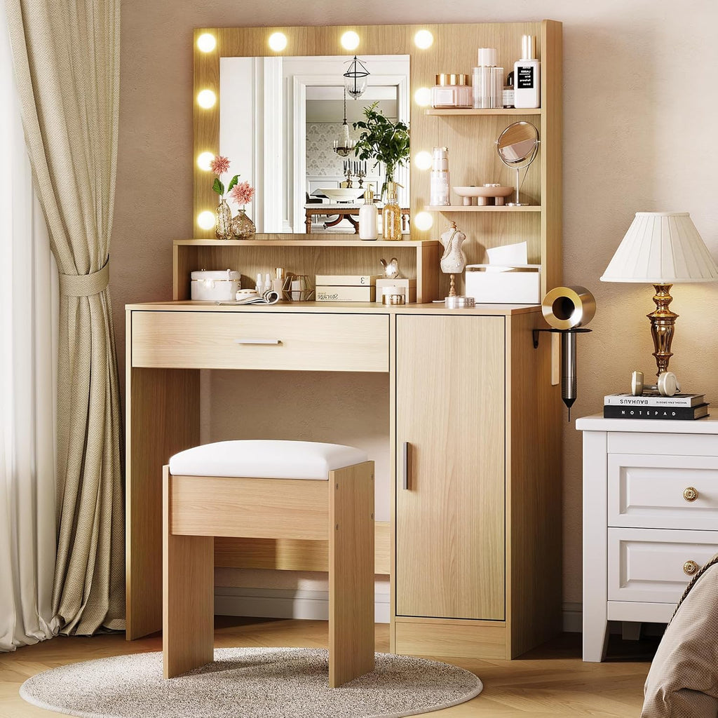 Garvee Vanity Desk with Mirror and Light, Makeup Dressing Table with Large Drawers and 3-Level Storage Dresser, 3 Lighting Modes Adjustable Brightness, Modern Vanity Set for Bedroom, Natural