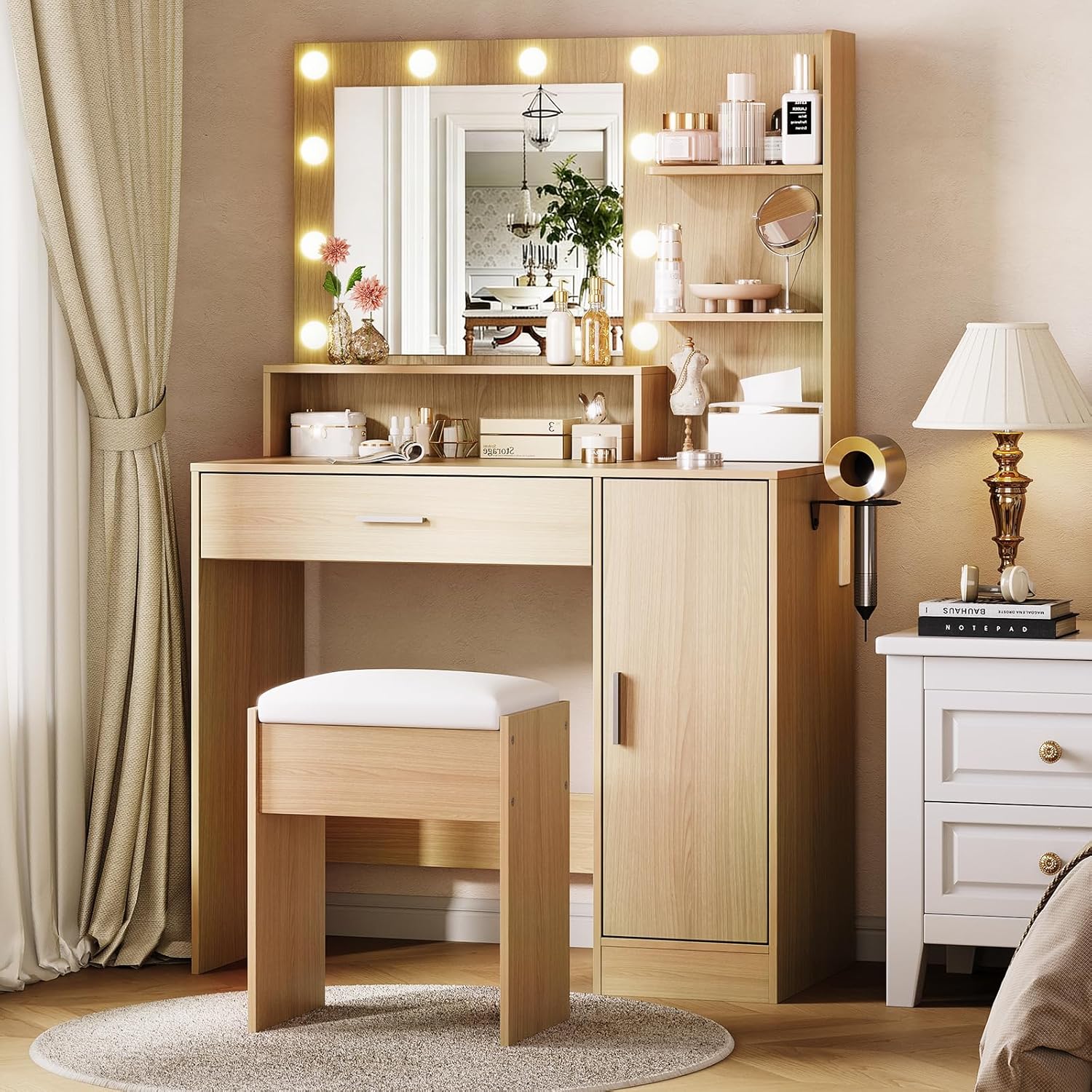 Garvee Vanity Desk with Mirror and Light, Makeup Dressing Table with Large Drawers and 3-Level Storage Dresser, 3 Lighting Modes Adjustable Brightness, Modern Vanity Set for Bedroom, Natural