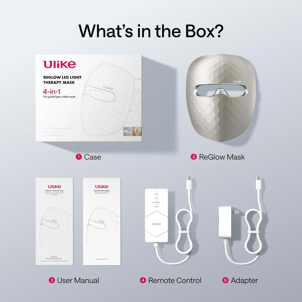 Ulike ReGlow LED Face Mask, Red Light Therapy for Face, Red, Blue, Yellow & Infrared Light Therapy for Acne & Anti-Ageing, Cordless, Remote Control, Eye Protection, Home Skincare Device for Women Wife