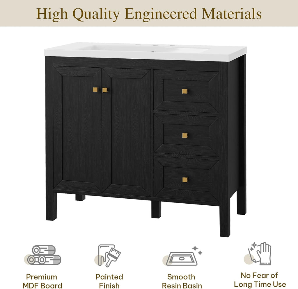 YITAHOME 36" Bathroom Vanity with Sink Set, Vintage Bathroom Cabinet Vanity with Resin Basin, Extra Large Storage with 2 Soft-Closing Doors & 3 Drawers, Black