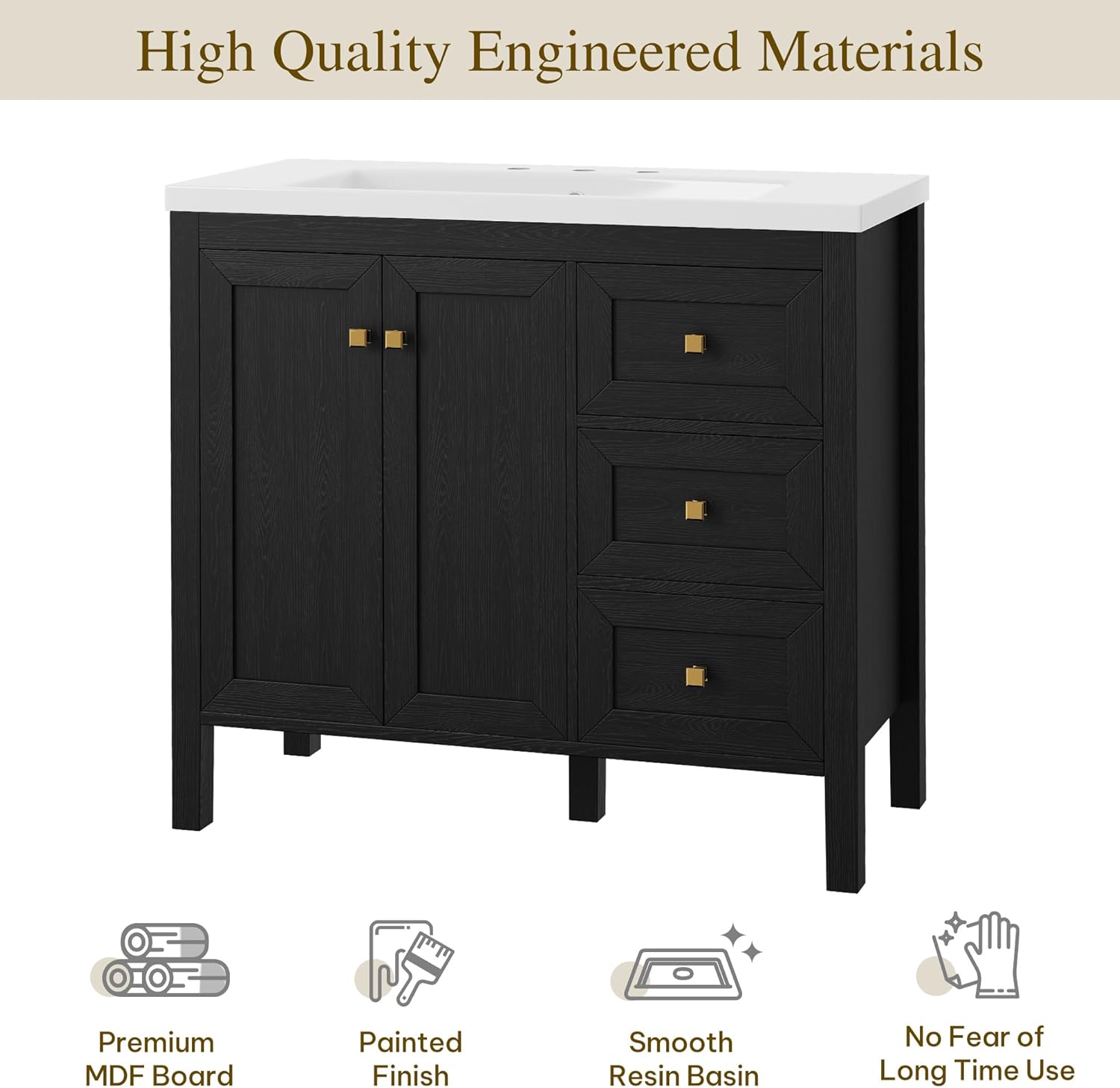 YITAHOME 36" Bathroom Vanity with Sink Set, Vintage Bathroom Cabinet Vanity with Resin Basin, Extra Large Storage with 2 Soft-Closing Doors & 3 Drawers, Black