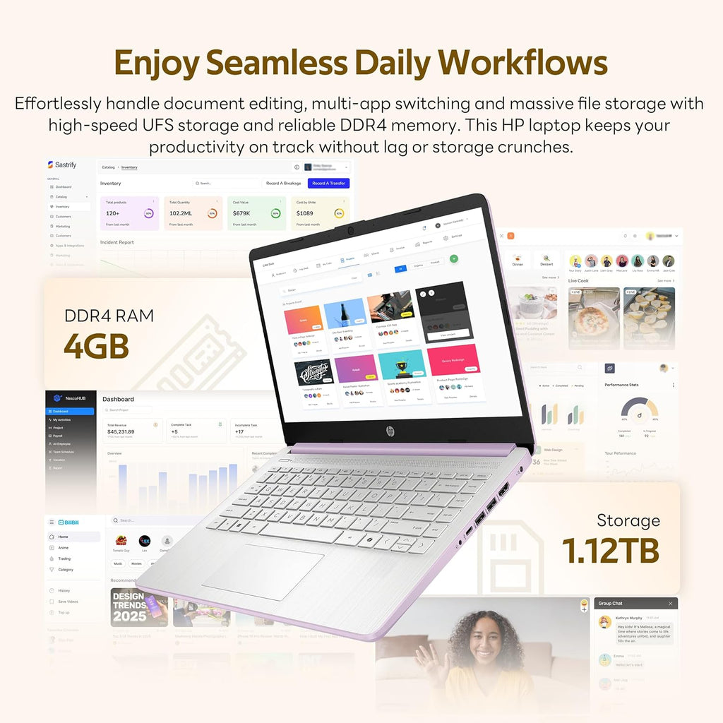 HP Flagship 14" HD Student&Business Laptop with AI Copilot, 13th Gen Intel 4-Core, 4GB RAM, 1.12TB Storage (128GB UFS + 1TB Docking Station), 1 Year Office 365, Wi-Fi 6, Win 11 S, Lavender Purple