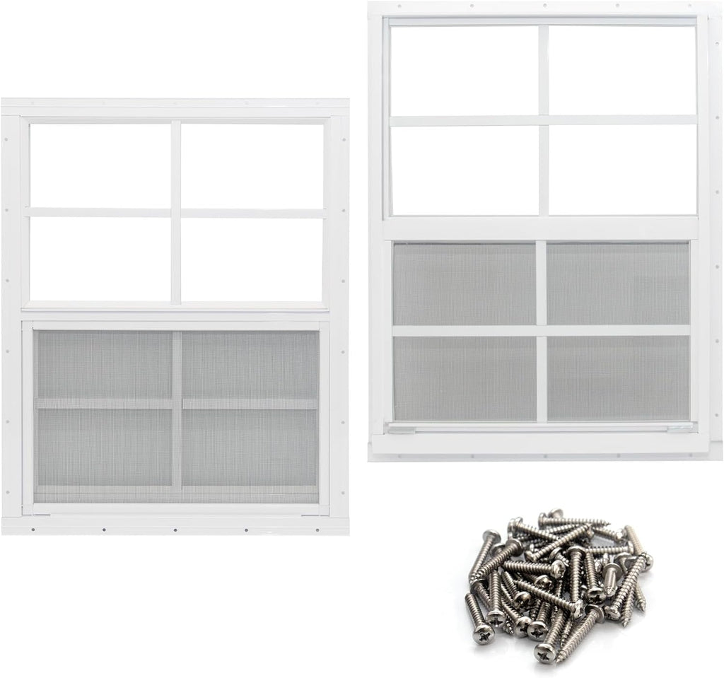 NeatiEase 2 Pack Shed Window, 24" x 36" Flush Mount Window with Tempered Glass and Fiberglass Screen for Shed, Chicken Coop, Playhouse, Household, Garage