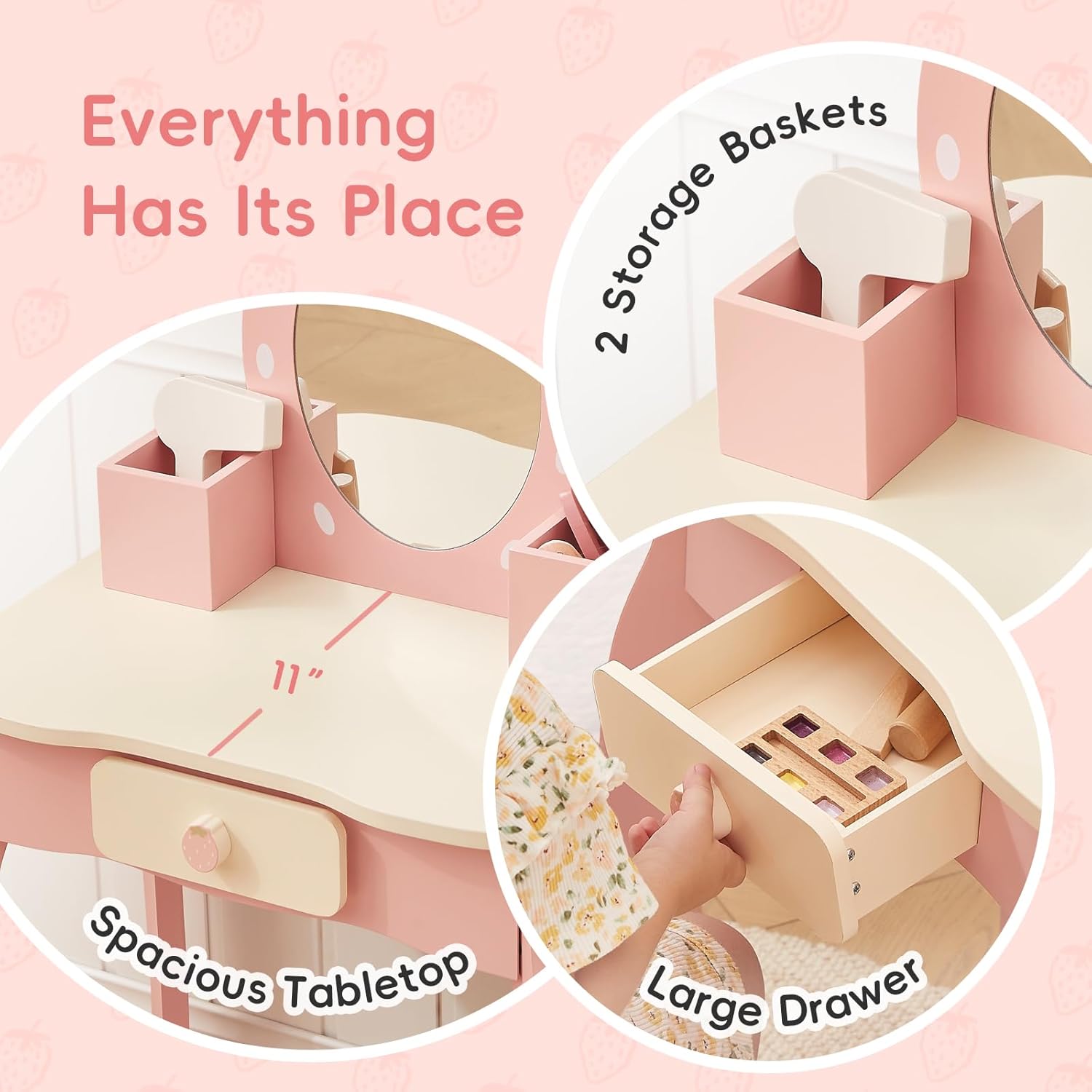 OOOK Toddler Vanity for 3 Year Old, Kids Vanity with Pretend Makeup Accessories, Makeup Table for Kids with Drawer, Pink