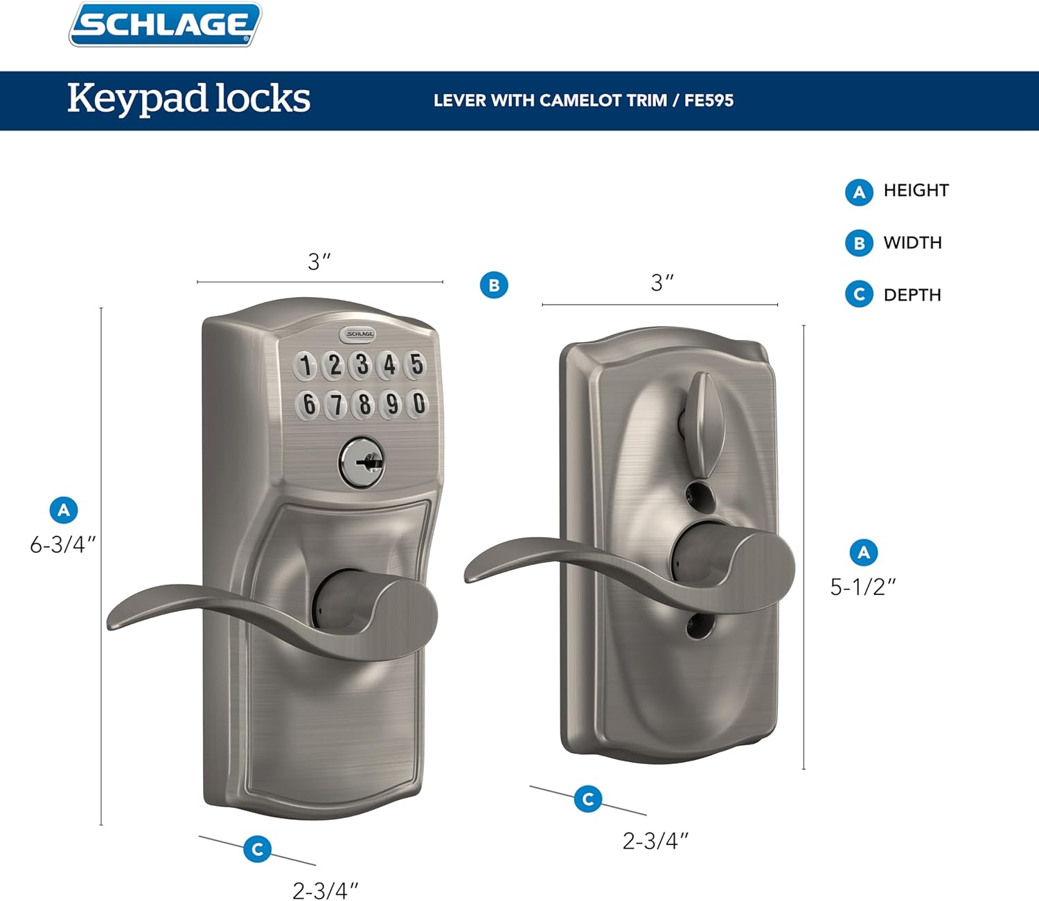 Schlage Camelot Keypad Lock with Knob, Electronic Keyless Door Entry, Flex Lock Auto‑Lock Option, Satin Nickel, FE595 CAM 619 GEO