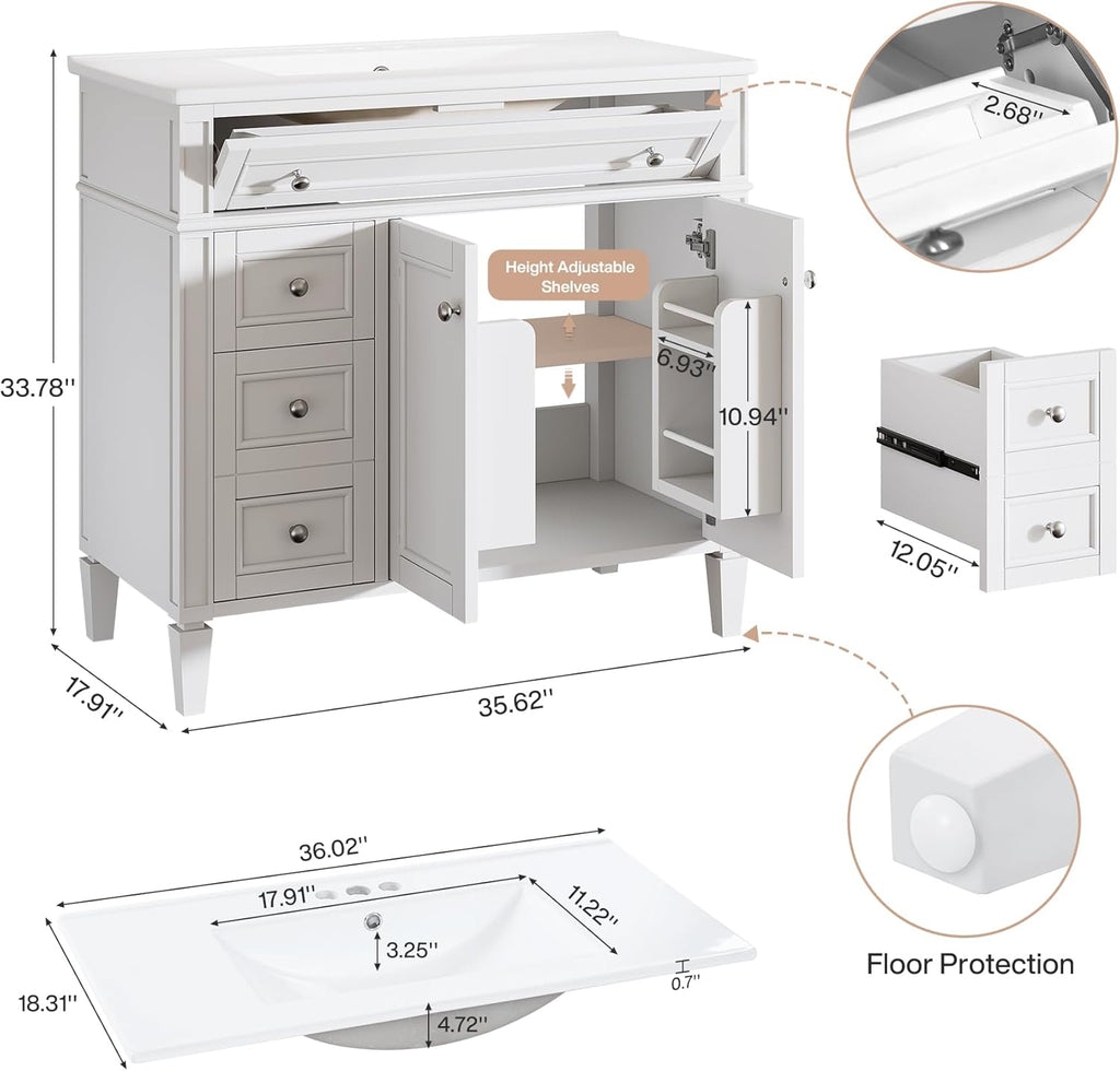 Tribesigns 36" Bathroom Vanity with Sink, Modern Bathroom Sink Cabinet with 4 Drawers & 2 Doors, Bath Storage Vanity Sink with Metal Handles, Solid Wood Frame, Paint Surface White