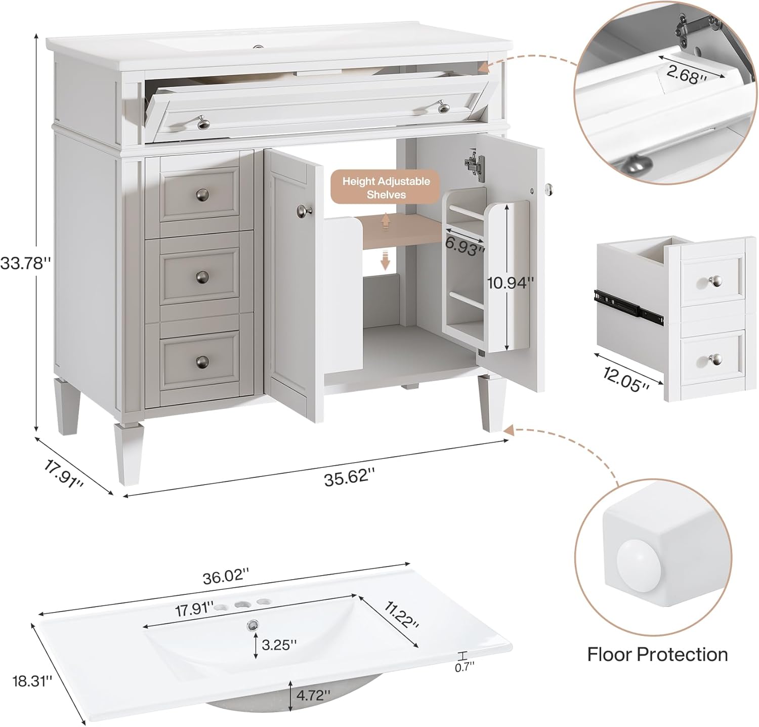 Tribesigns 36" Bathroom Vanity with Sink, Modern Bathroom Sink Cabinet with 4 Drawers & 2 Doors, Bath Storage Vanity Sink with Metal Handles, Solid Wood Frame, Paint Surface White