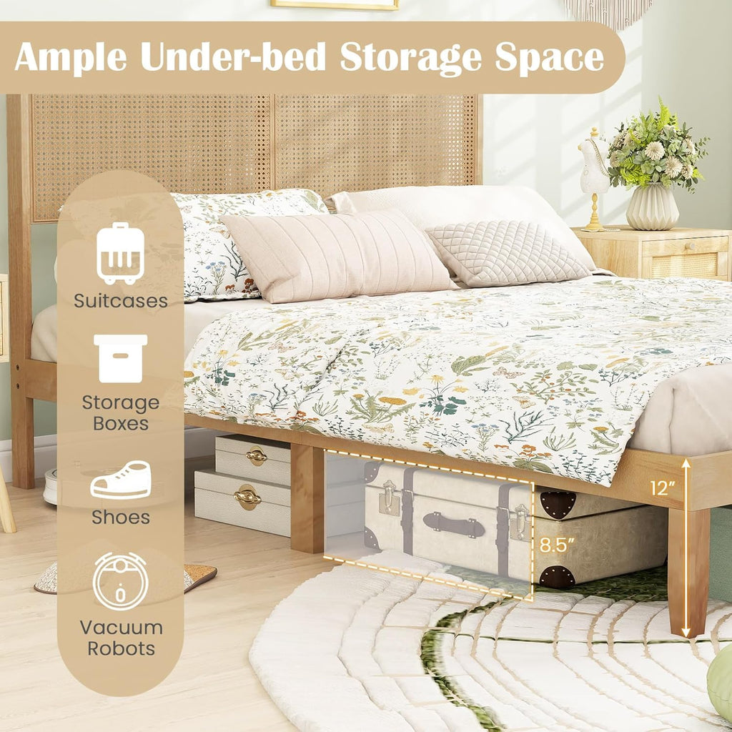Giantex Rattan Queen Bed Frame, Boho Platform Bed with Natural Wicker Headboard, Solid Wood Foundation & Support Slats, Under-Bed Storage, Queen Size Bedframe for Adults, No Box Spring Needed