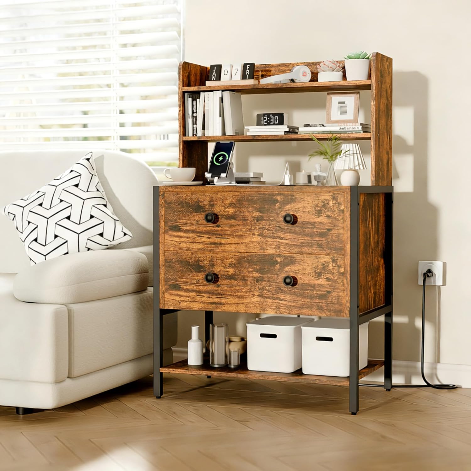 24 Inch Wide Night Stand, Large Wooden Night Stand with 2 Adjustable Drawes, Tall Nightstand with 4-Tier Shelves and Charging Station, Bedside Table for Living Room/Bedroom/Office, Retro.
