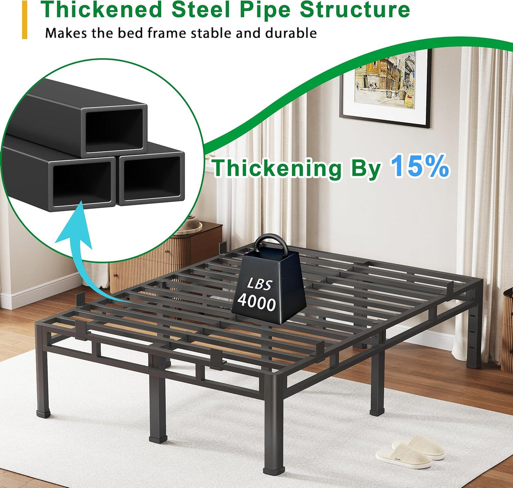 ROIL 14 Inch Queen Bed Frame, Double Layer Metal Bed Frame with Round Corner Legs, 4000LBS Bed Frame & Box Spring 2 in 1 Platform with Headboard Holes Mattress Baffles, Noise-Free Easy Assembly
