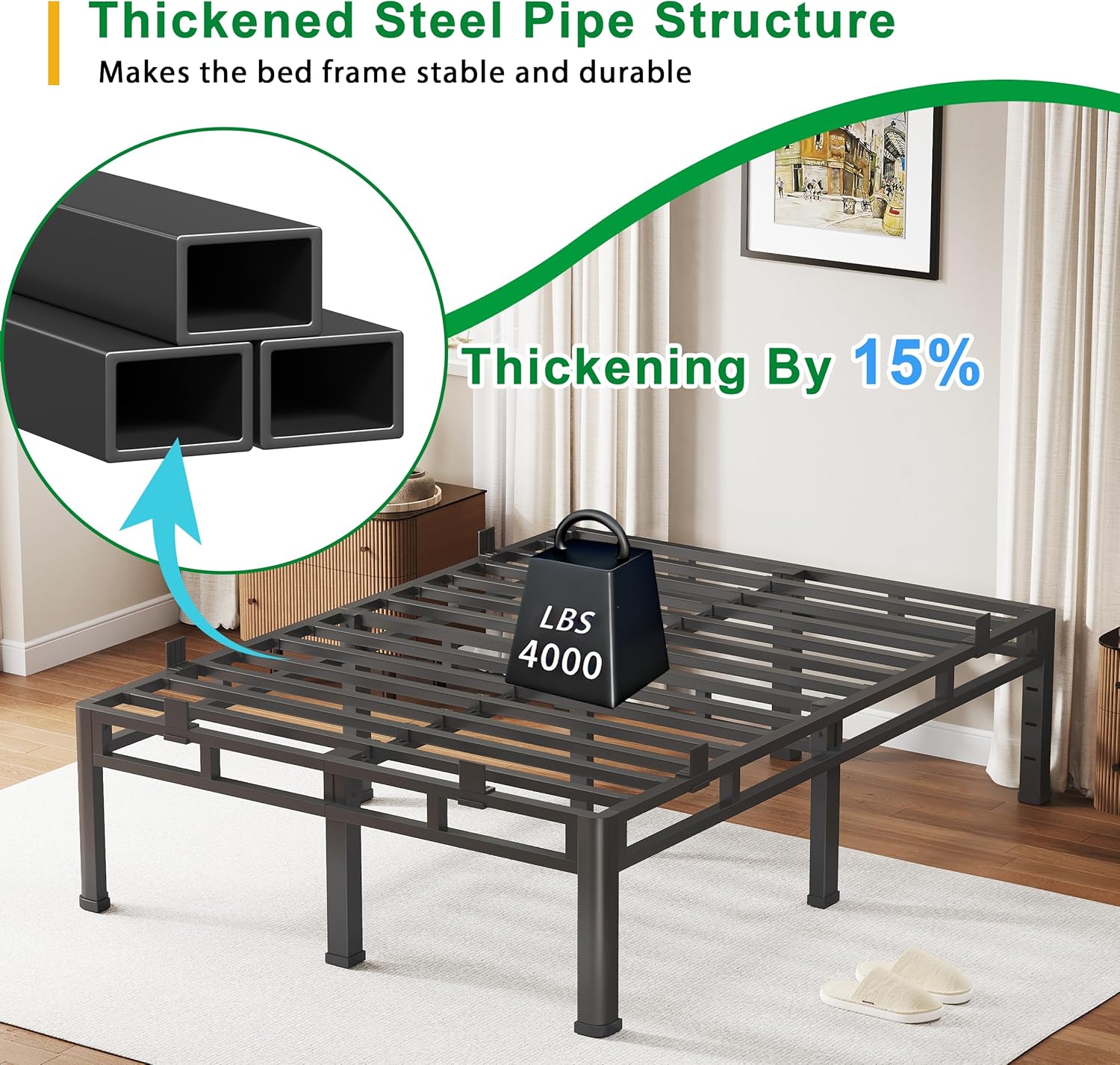ROIL 14 Inch Queen Bed Frame, Double Layer Metal Bed Frame with Round Corner Legs, 4000LBS Bed Frame & Box Spring 2 in 1 Platform with Headboard Holes Mattress Baffles, Noise-Free Easy Assembly
