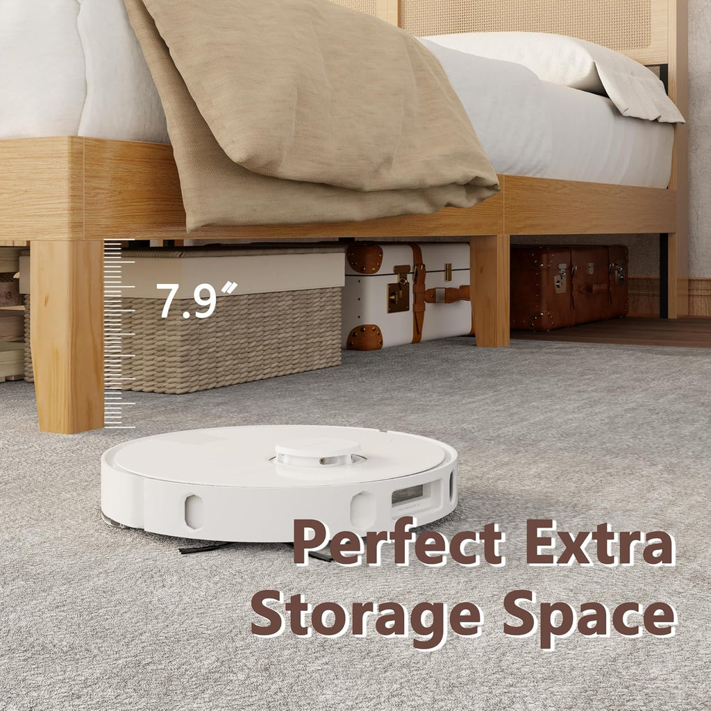 OURPIC Queen Bed Frame with Rattan Headboard, Wicker Bedframe with Charging Station and LED Lights, Boho Queen Bed with Storage Shelf, Solid Wood Support, Easy Assembly