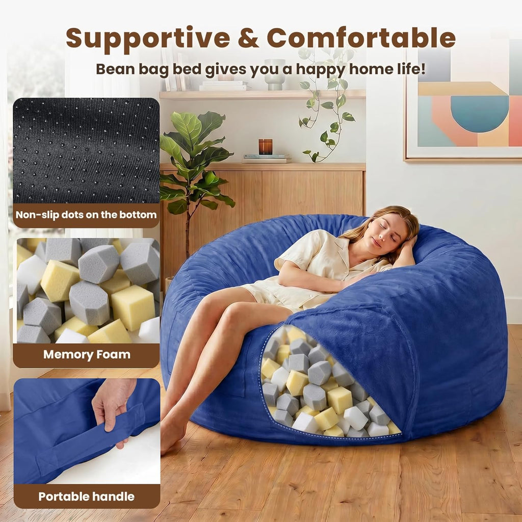 GarveeLife 4ft Large Bean Bag Chair Bed for Adults, High Rebound Memory Foam Bean Bag with Removable Flannel Cover, Oversized Lazy Sofa Couch for Teens, Blue