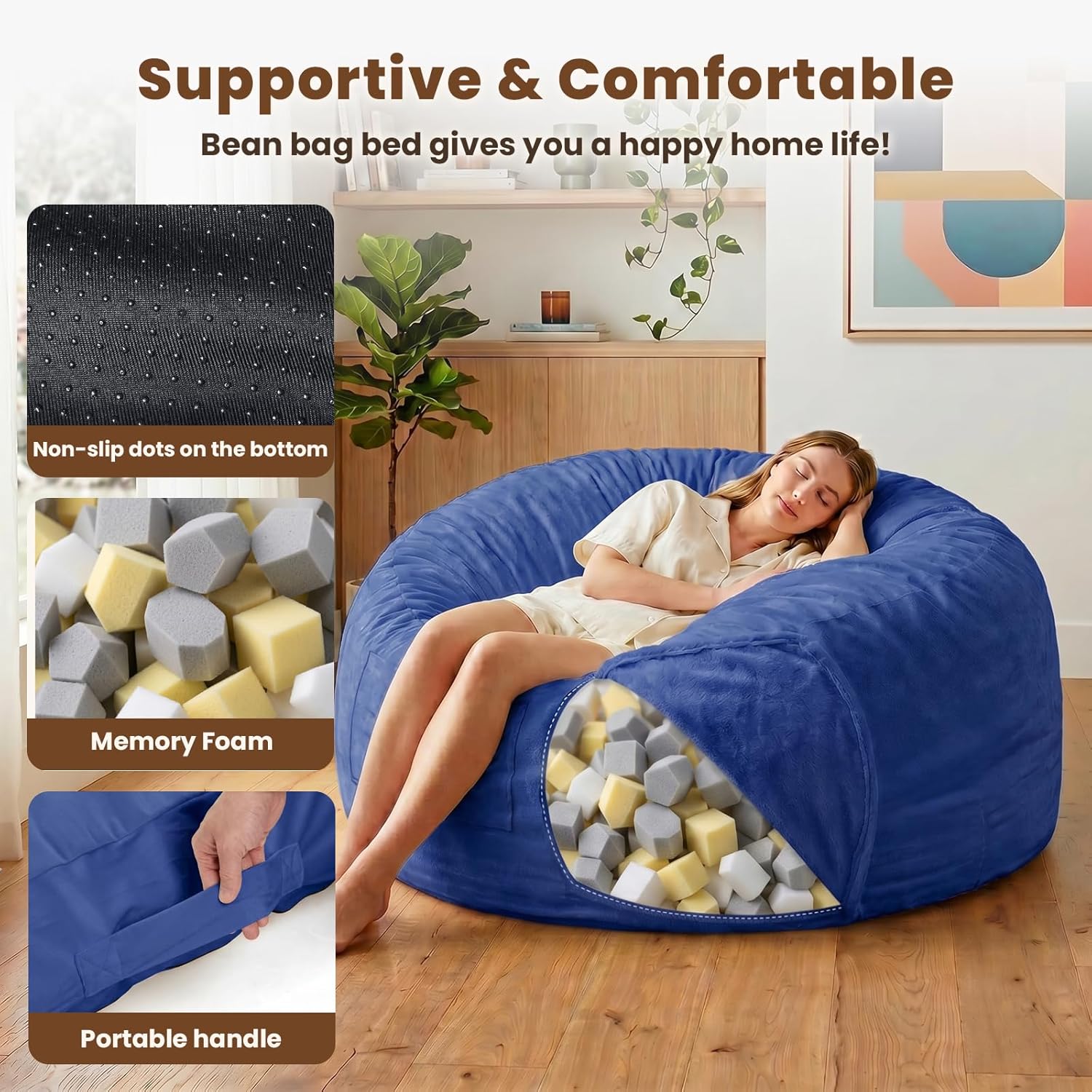 GarveeLife 4ft Large Bean Bag Chair Bed for Adults, High Rebound Memory Foam Bean Bag with Removable Flannel Cover, Oversized Lazy Sofa Couch for Teens, Blue