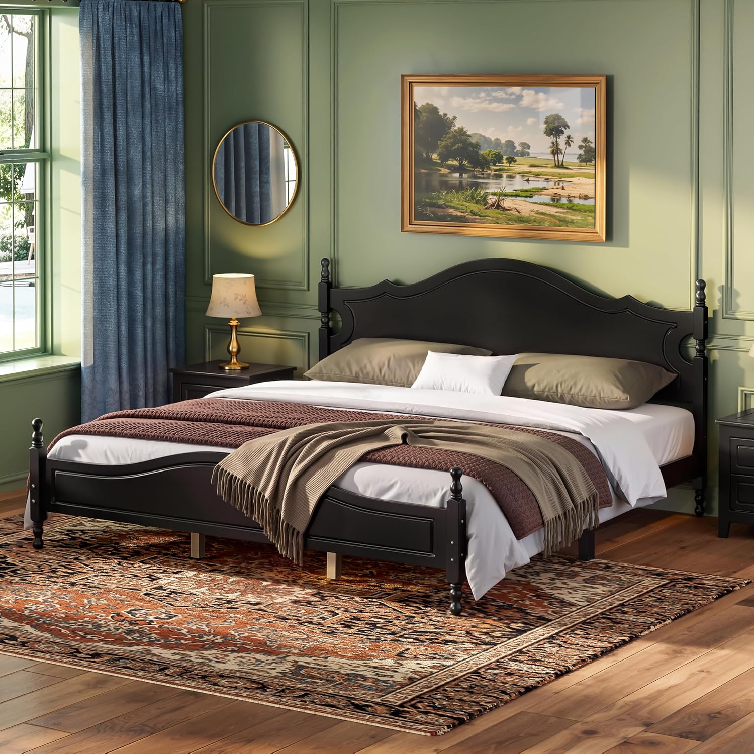 Merax Retro Wood Platform Bed with High Headboard, King Bed Frame with Sturdy Legs/No Box Spring Needed/Easy Assemble Black