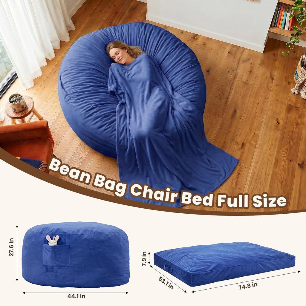 GarveeLife 4ft Large Bean Bag Chair Bed for Adults, High Rebound Memory Foam Bean Bag with Removable Flannel Cover, Oversized Lazy Sofa Couch for Teens, Blue