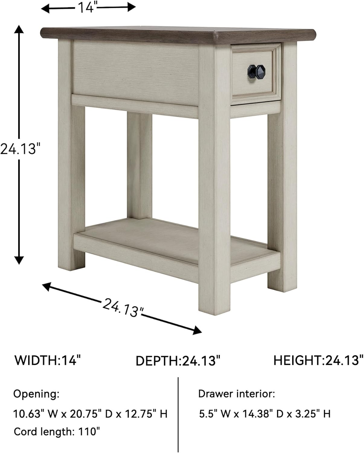 Signature Design by Ashley Bolanburg Chairside End Table With Charging Station, Two-Tone Wood Accent Table With Drawer Storage, Plank Top Design for Living Room or Bedroom, Antique White
