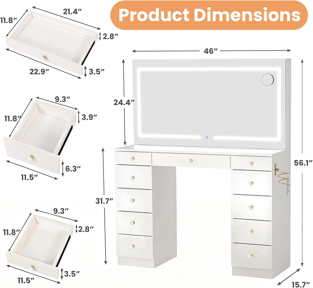 Pamapic Glass Top Vanity Desk with Crystal Handles and 11 Drawers, Makeup Vanity with Mirror and Lights, 3 Lighting Modes Dressing Table, Power Outlet, Silent Slides, White