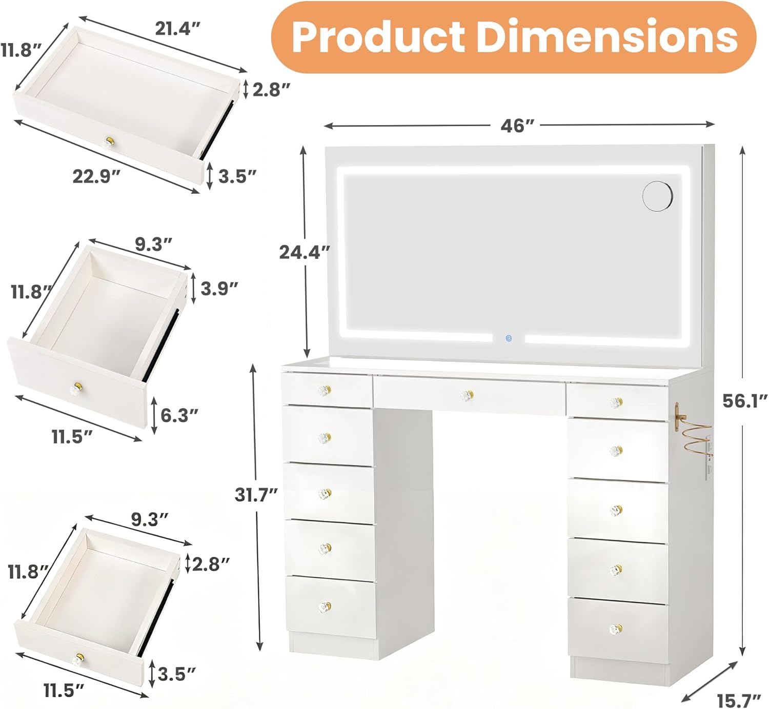 Pamapic Glass Top Vanity Desk with Crystal Handles and 11 Drawers, Makeup Vanity with Mirror and Lights, 3 Lighting Modes Dressing Table, Power Outlet, Silent Slides, White