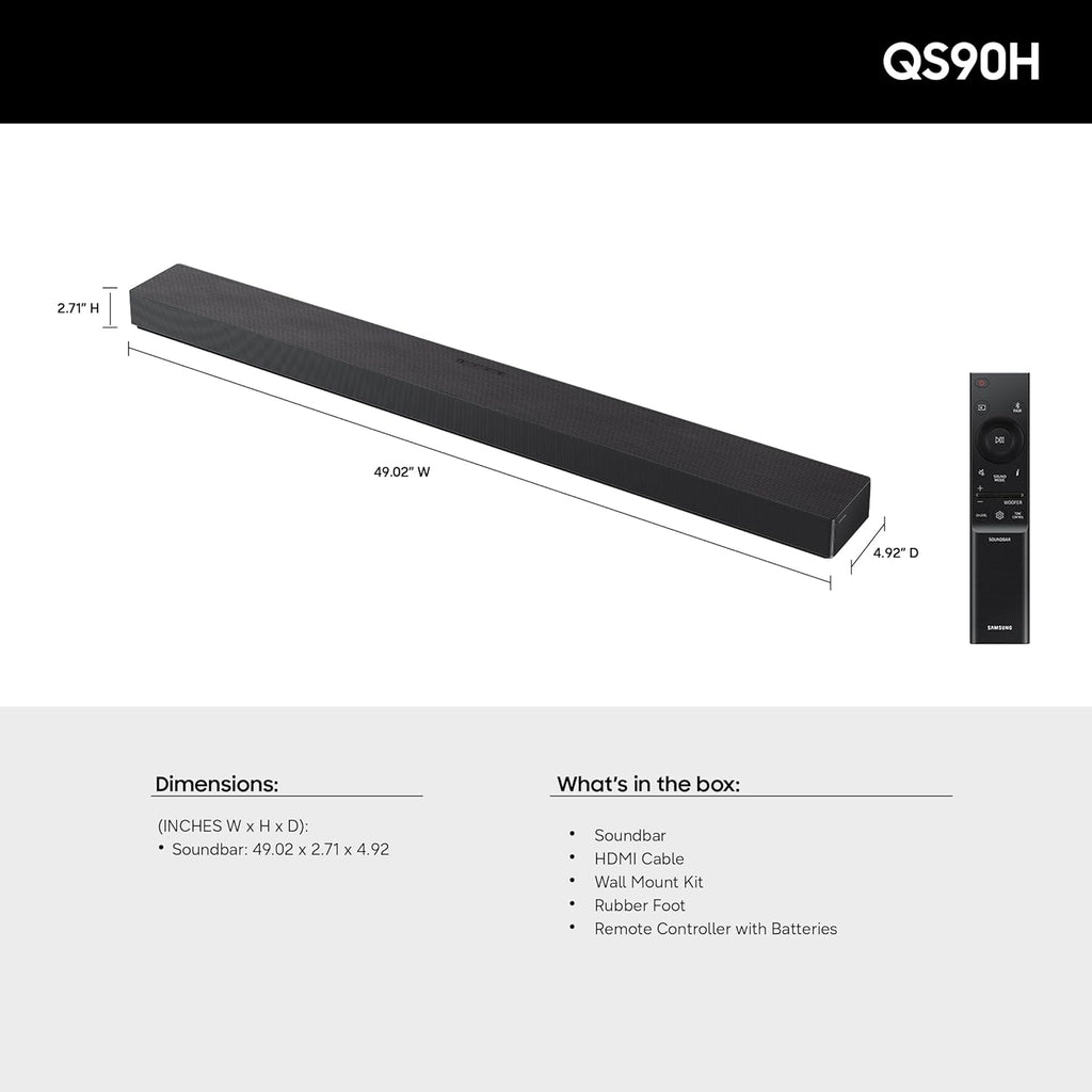 Samsung Q-Series Soundbar HW-QS90H 7.1.2ch All-in-One Soundbar w/Built-in Woofers, Wireless Dolby Atmos, Q-Symphony, Convertible Fit, SpaceFit Sound Pro, Game Mode Pro, Alexa Built-in (2026 Model)
