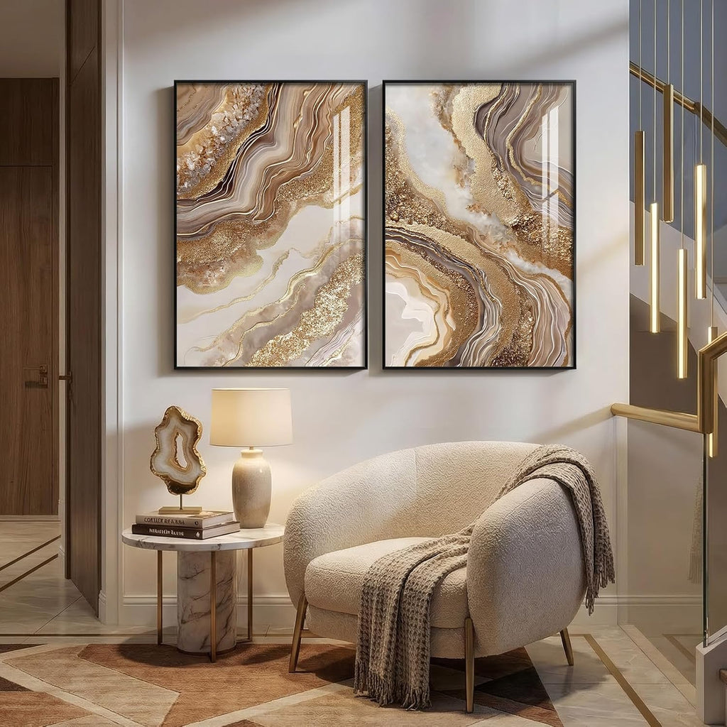 Framed Abstract Brown Gold Wall Art for Living Room, 2 Piece Large Modern Luxury Artwork for Walls, Contemporary Bright Style Picture Prints Paintings for Bedroom Dining Room Office 24x36 Inch